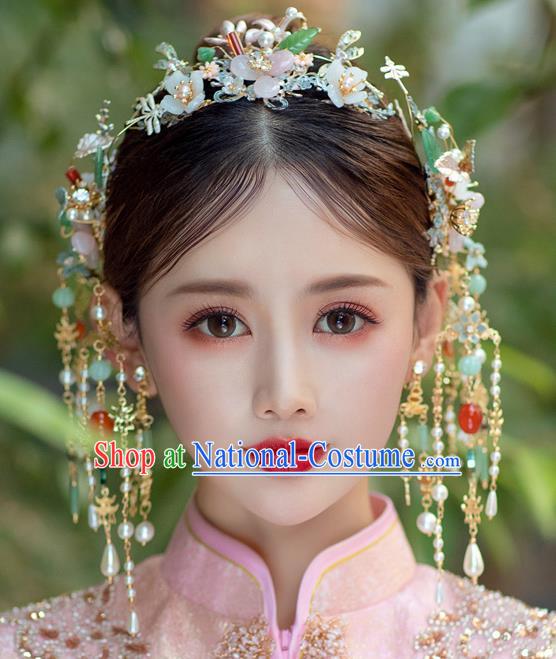 Chinese Classical Bride Hair Crown Traditional Wedding Headwear Xiuhe Suit Flowers Hair Clasp