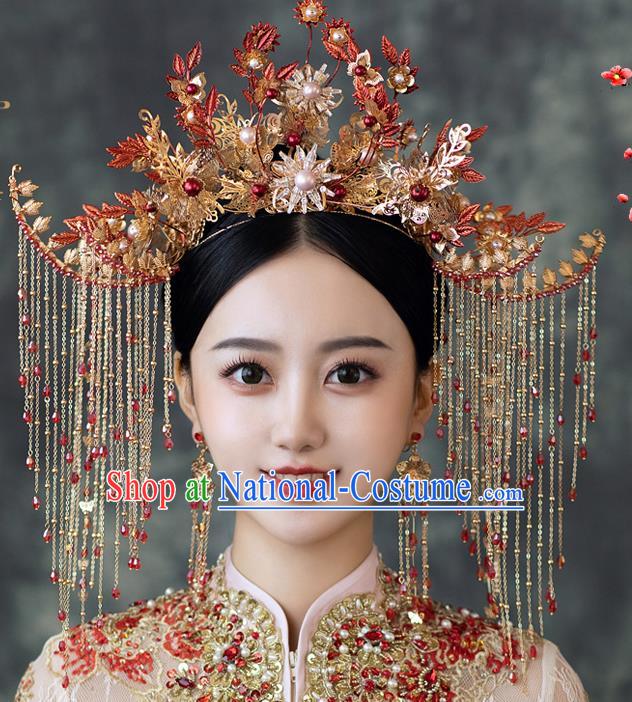 Chinese Classical Bride Tassel Hair Crown Traditional Wedding Hair Accessories Xiuhe Suit Phoenix Coronet