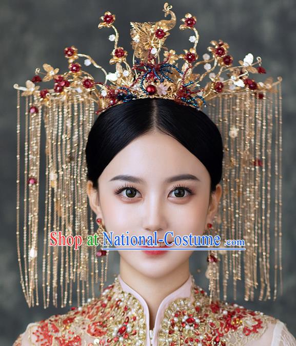 Chinese Classical Bride Phoenix Coronet Traditional Wedding Hair Accessories Xiuhe Suit Golden Peacock Hair Crown