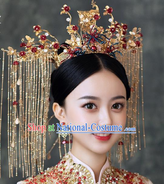 Chinese Classical Bride Phoenix Coronet Traditional Wedding Hair Accessories Xiuhe Suit Golden Peacock Hair Crown