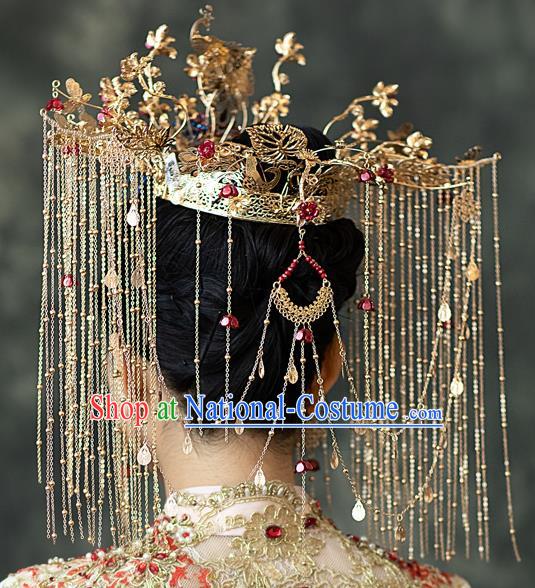 Chinese Classical Bride Phoenix Coronet Traditional Wedding Hair Accessories Xiuhe Suit Golden Peacock Hair Crown