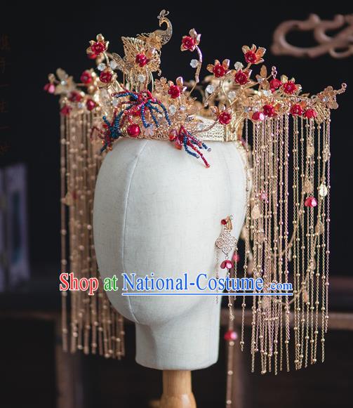 Chinese Classical Bride Phoenix Coronet Traditional Wedding Hair Accessories Xiuhe Suit Golden Peacock Hair Crown