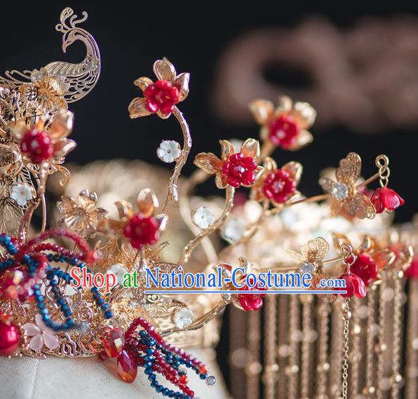 Chinese Classical Bride Phoenix Coronet Traditional Wedding Hair Accessories Xiuhe Suit Golden Peacock Hair Crown