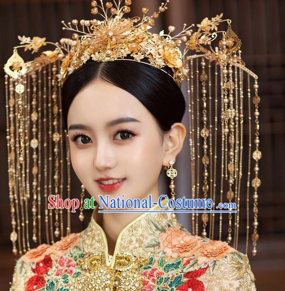 Chinese Classical Bride Luxury Tassel Phoenix Coronet Traditional Wedding Hair Accessories Xiuhe Suit Golden Hair Crown