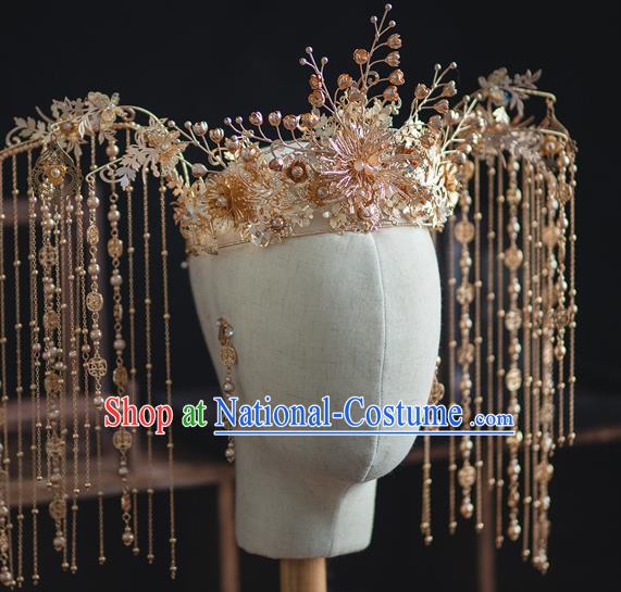 Chinese Classical Bride Luxury Tassel Phoenix Coronet Traditional Wedding Hair Accessories Xiuhe Suit Golden Hair Crown