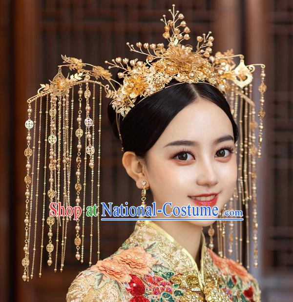 Chinese Classical Bride Luxury Tassel Phoenix Coronet Traditional Wedding Hair Accessories Xiuhe Suit Golden Hair Crown