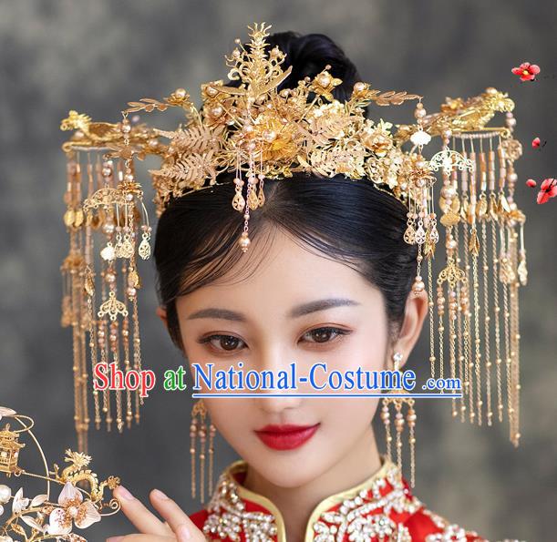 Chinese Xiuhe Suit Golden Hair Crown Classical Bride Phoenix Coronet Traditional Wedding Hair Accessories