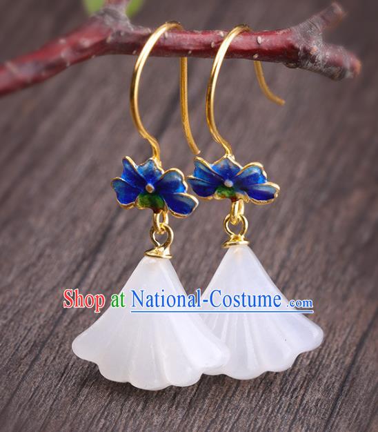 China Handmade Cheongsam Jade Ginkgo Leaf Earrings Traditional Blueing Lotus Ear Accessories