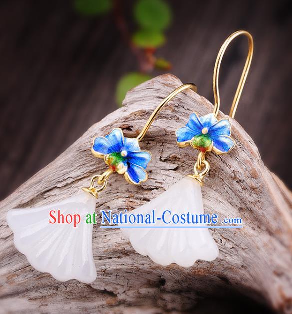 China Handmade Cheongsam Jade Ginkgo Leaf Earrings Traditional Blueing Lotus Ear Accessories