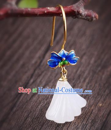 China Handmade Cheongsam Jade Ginkgo Leaf Earrings Traditional Blueing Lotus Ear Accessories