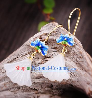 China Handmade Cheongsam Jade Ginkgo Leaf Earrings Traditional Blueing Lotus Ear Accessories