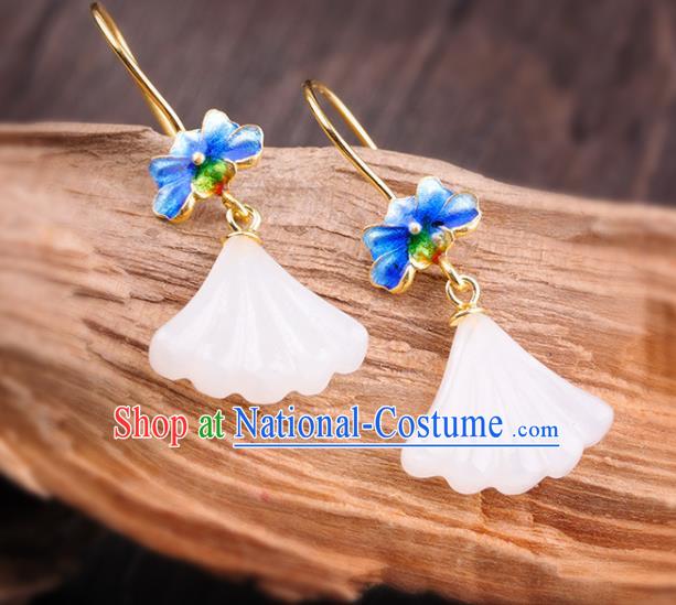 China Handmade Cheongsam Jade Ginkgo Leaf Earrings Traditional Blueing Lotus Ear Accessories