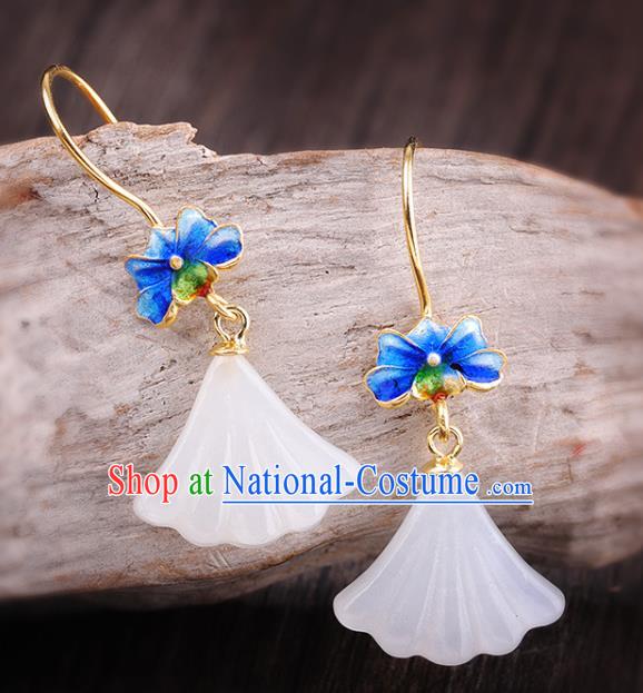 China Handmade Cheongsam Jade Ginkgo Leaf Earrings Traditional Blueing Lotus Ear Accessories