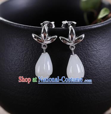 China Handmade Silver Earrings Traditional Cheongsam Jade Mangnolia Ear Accessories