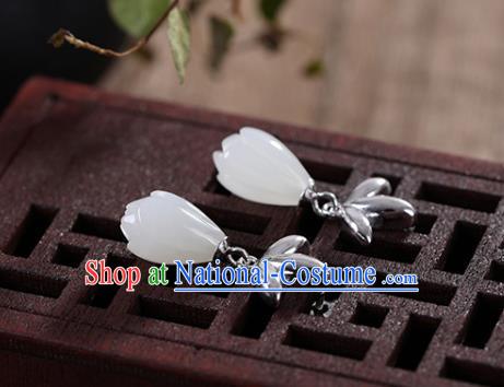 China Handmade Silver Earrings Traditional Cheongsam Jade Mangnolia Ear Accessories