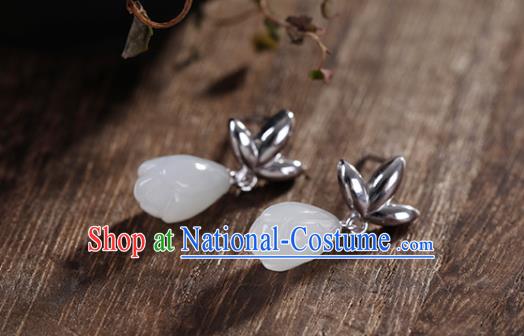 China Handmade Silver Earrings Traditional Cheongsam Jade Mangnolia Ear Accessories