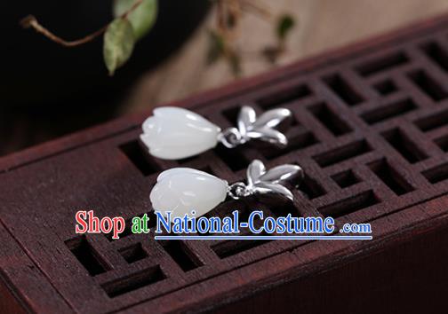 China Handmade Silver Earrings Traditional Cheongsam Jade Mangnolia Ear Accessories