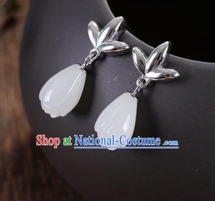 China Handmade Silver Earrings Traditional Cheongsam Jade Mangnolia Ear Accessories