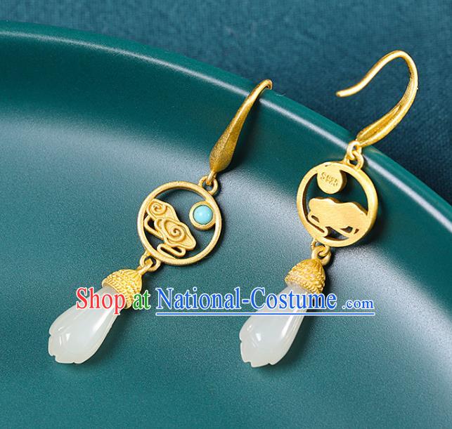 China Handmade Golden Cloud Earrings Traditional Cheongsam Hetian Jade Ear Accessories