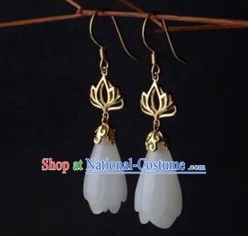 China Handmade National Jade Mangnolia Earrings Traditional Cheongsam Golden Lotus Ear Accessories