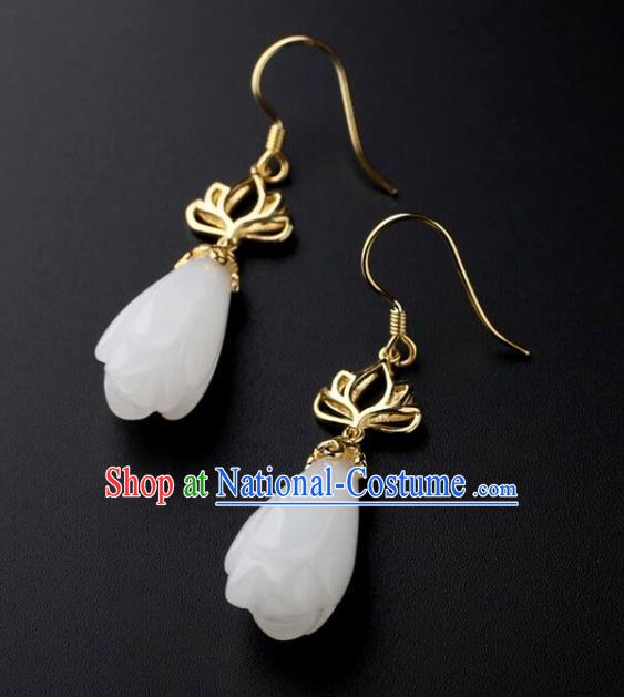 China Handmade National Jade Mangnolia Earrings Traditional Cheongsam Golden Lotus Ear Accessories