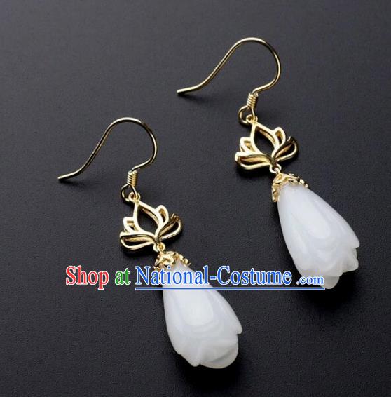 China Handmade National Jade Mangnolia Earrings Traditional Cheongsam Golden Lotus Ear Accessories