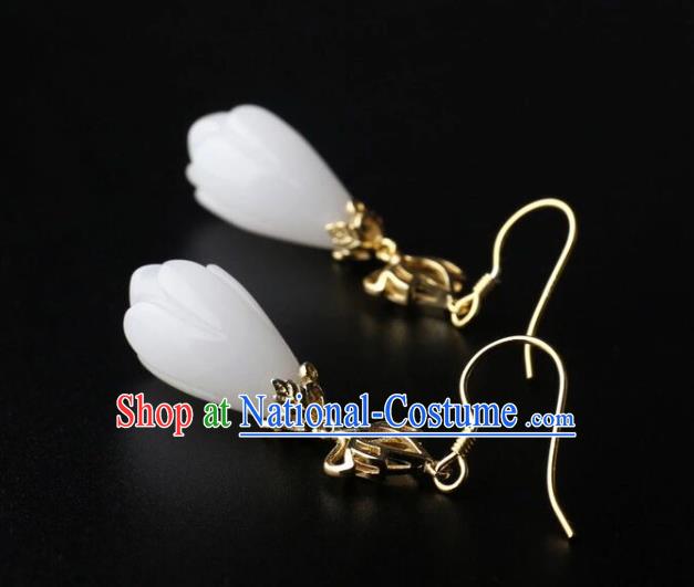 China Handmade National Jade Mangnolia Earrings Traditional Cheongsam Golden Lotus Ear Accessories