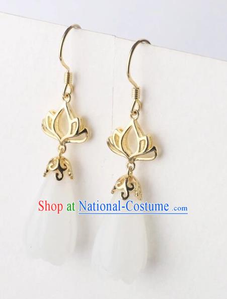 China Handmade National Jade Mangnolia Earrings Traditional Cheongsam Golden Lotus Ear Accessories