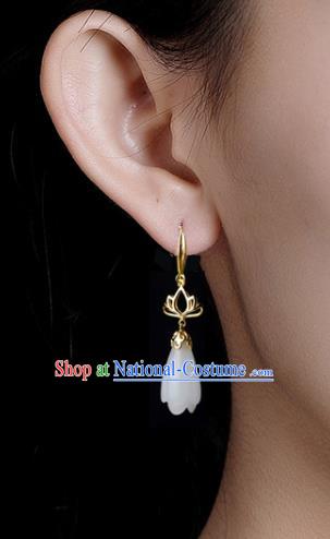 China Handmade National Jade Mangnolia Earrings Traditional Cheongsam Golden Lotus Ear Accessories