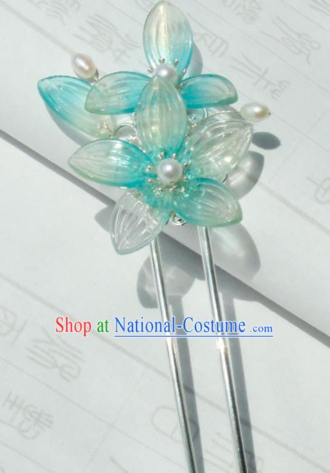 Chinese Ancient Princess Blue Lotus Hairpin Traditional Hanfu Ming Dynasty Hair Stick