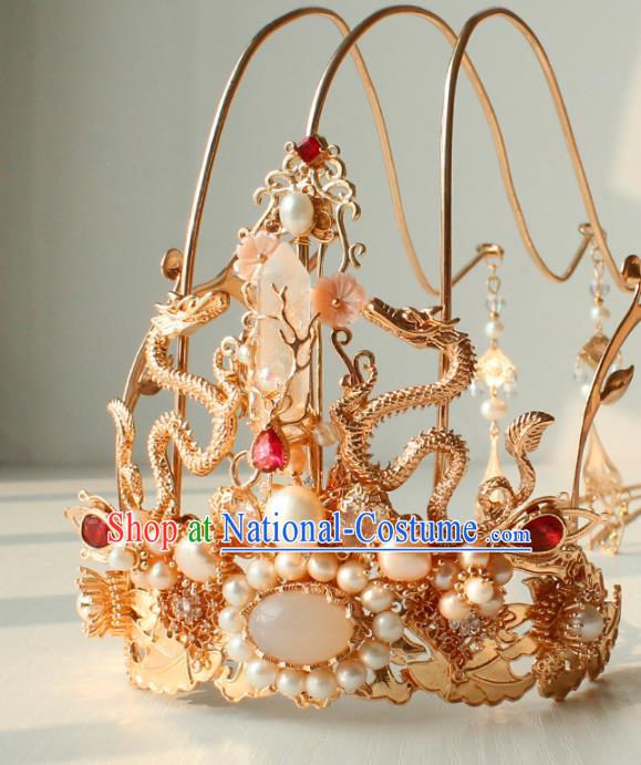 Chinese Ancient Empress Headwear Traditional Hanfu Ming Dynasty Golden Dragons Hair Crown