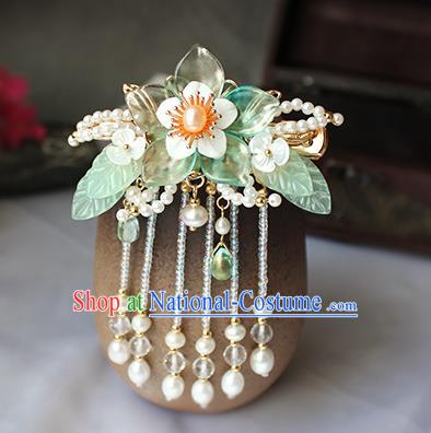 Chinese Ancient Princess Pearls Tassel Hair Stick Traditional Hanfu Ming Dynasty Green Flower Hair Claw