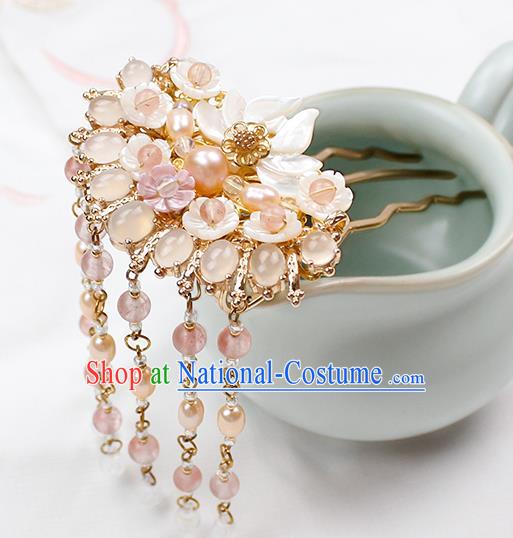 Chinese Ancient Princess Chalcedony Pearls Tassel Hairpin Traditional Hanfu Song Dynasty Shell Lotus Hair Comb