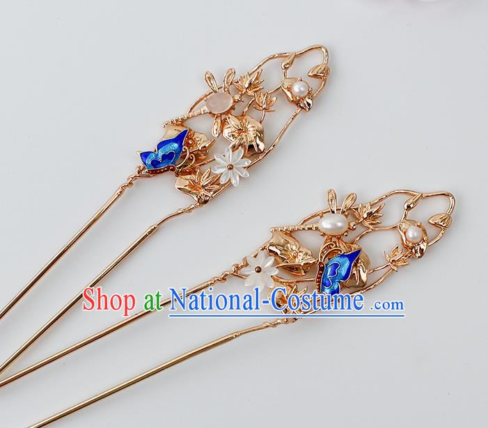 Chinese Ancient Princess Cloisonne Butterfly Hairpin Traditional Hanfu Ming Dynasty Golden Dragonfly Hair Stick