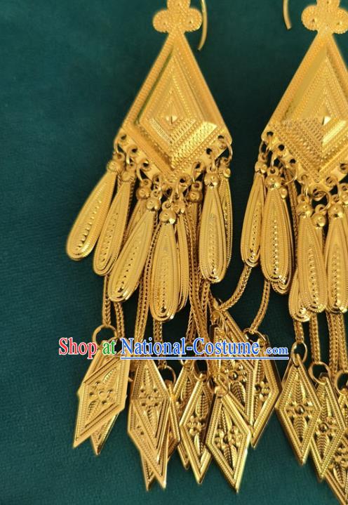 China Traditional Yi Nationality Woman Ear Accessories Handmade Liangshan Ethnic Folk Dance Golden Earrings