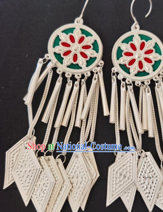 China Traditional Yi Nationality Woman Silver Tassel Ear Accessories Handmade Liangshan Ethnic Folk Dance Earrings