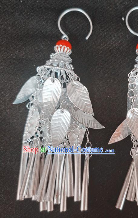 China Traditional Yi Nationality Silver Leaf Ear Accessories Handmade Liangshan Ethnic Bride Earrings