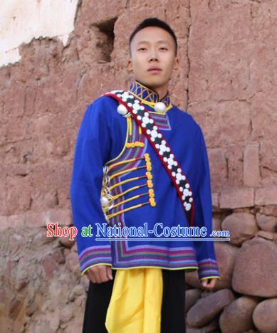 China Yi Nationality Male Blue Woolen Jacket Traditional Ethnic Upper Outer Garment