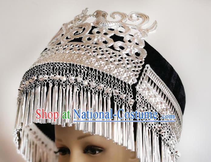 Chinese Liangshan Ethnic Stage Performance Headwear Traditional Yi Nationality Wedding Silver Tassel Hat