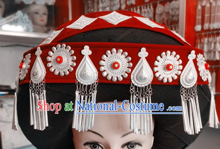 Chinese Liangshan Ethnic Silver Tassel Headwear Traditional Yi Nationality Stage Performance Red Hat