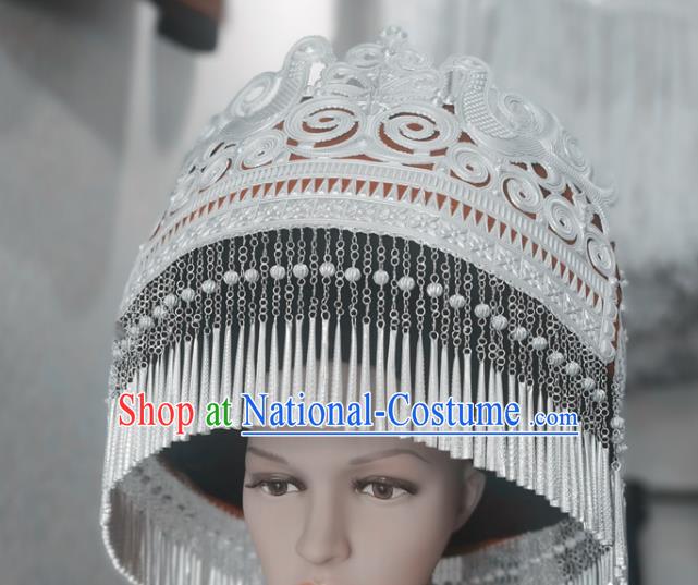 Chinese Liangshan Ethnic Ceremony Headwear Traditional Yi Nationality Wedding Bride Silver Tassel Hat