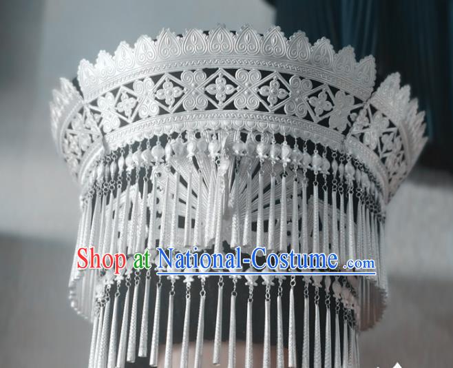 Chinese Liangshan Ethnic Wedding Bride Headwear Traditional Yi Nationality Ceremony Silver Phoenix Tassel Hat