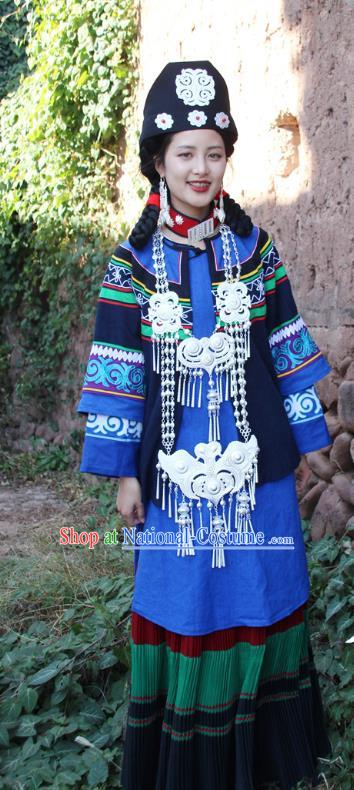 China Yi Nationality Folk Dance Outfits Clothing Traditional Liangshan Ethnic Woman Costumes and Hat