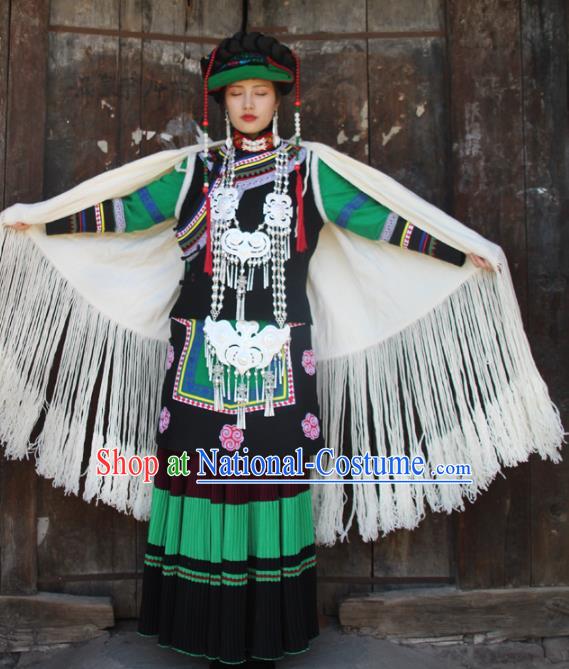 China Yi Nationality Wedding Bride Green Outfits Clothing Traditional Liangshan Ethnic Stage Performance Costumes and Hat