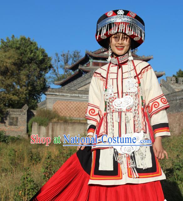 China Yi Nationality Minority White Outfits Clothing Traditional Liangshan Ethnic Wedding Bride Costumes and Hat