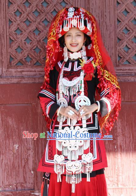 China Traditional Liangshan Ethnic Bride Costumes Yi Nationality Minority Wedding Outfits Clothing and Headwear