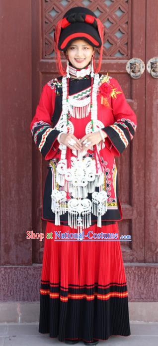 China Traditional Liangshan Ethnic Wedding Costumes Yi Nationality Minority Bride Red Outfits Clothing and Hat