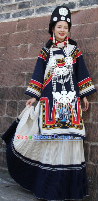 China Traditional Liangshan Ethnic Folk Dance Costumes Yi Nationality Minority Woman Outfits Clothing and Hat