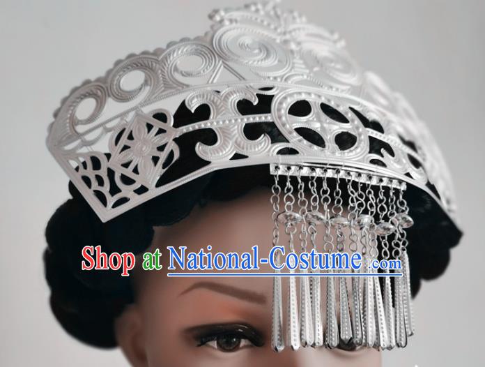 Chinese Liangshan Ethnic Silver Tassel Hair Crown Headwear Traditional Yi Nationality Ceremony Hat