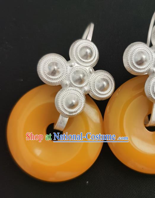 China Traditional Yi Nationality Silver Ear Accessories Handmade Liangshan Ethnic Yellow Peace Buckle Earrings